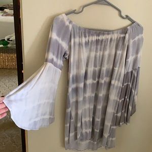 Gray and white tie dye bell sleeved dress, hangs off the shoulders